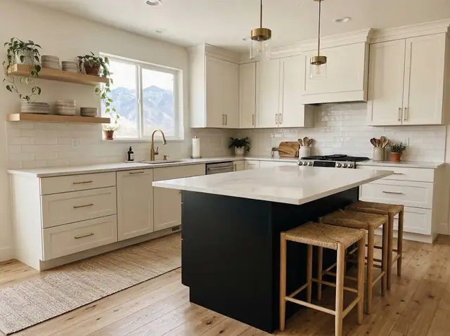 Bright kitchen with warm white shaker cabinets, black island and brass hardware (illustration)